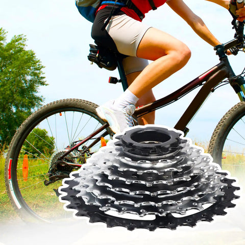 Eight Speed E Bike Freewheel 11 28 Teeth Screw On for Threaded Freehub overlaid on cyclist image