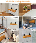 20 Inch Teak Folding Shower Seat Wall Mounted Fold Down Bench for Small Shower Spaces in various settings like bedroom, yacht, and RV.