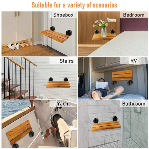 20 Inch Teak Folding Shower Seat Wall Mounted Fold Down Bench for Small Shower Spaces in various settings like bedroom, yacht, and RV.