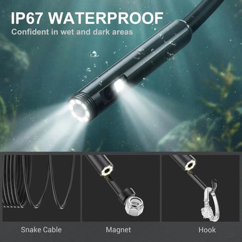 Dual Lens Endoscope Camera With Light 1920P HD Borescope For Tight Spots With 7.9mm Ultra Slim Probe And Front Plus Side View Lenses underwater IP67 waterproof probe