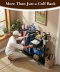 Man organizing Golf Bag Organizer And Storage Rack with 6 Club Slots Wheels Fabric Drawer and Hooks in home garage.