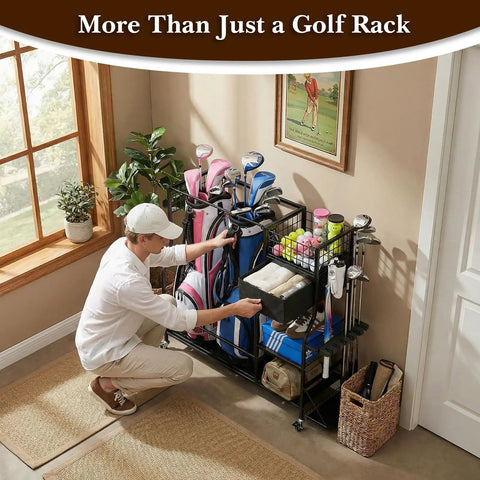 Man organizing Golf Bag Organizer And Storage Rack with 6 Club Slots Wheels Fabric Drawer and Hooks in home garage.