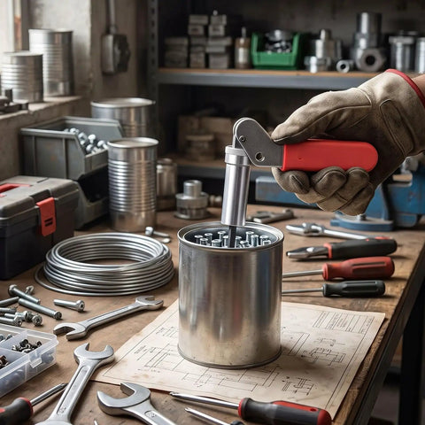 Heavy Duty Steel Drum Fastener Plunger Tool Fits Size Six Components With 0.158 Inch Inner Diameter in use on workbench.