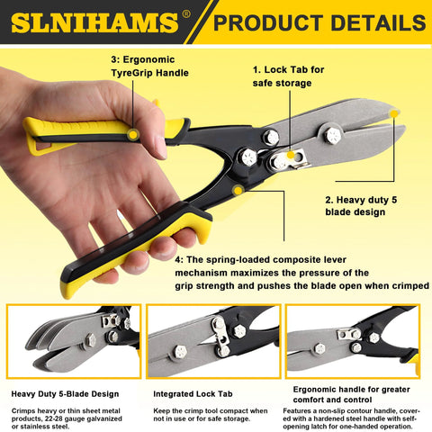Side view of SLNIHAMS 5-blade hand crimper for sheet metal; yellow and black ergonomic handle; 10-1/2 in HVAC duct tool.
