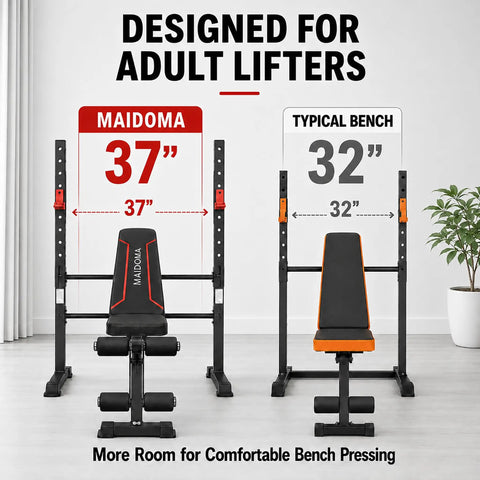 Comparison of All-In-One Adjustable Weight Bench With Leg Extension And Curl and typical bench, highlighting size difference.