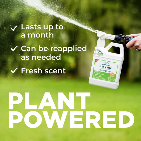 Spray bottle of Flea Tick And Mosquito Yard Spray With Natural Essential Oils For Pets And Family And Kids Safe Plant Based Ready To Use 32 Oz Kills And Repels Bugs In Your Yard Now being used on a lawn.