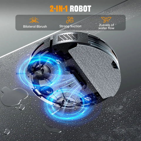 2 In 1 Robot Vacuum And Mop With 6500Pa Beast Mode Suction Gyro Inertial Navigation system on wet floor