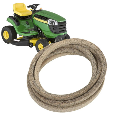 Tractor Transmission Drive Belt GX20006 Neoprene Traction Belt with Aramid Cord in front of a lawn tractor