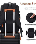 Backpack on luggage: black travel backpack with luggage strap over a 20-inch hardside suitcase
