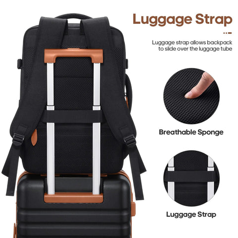 Backpack on luggage: black travel backpack with luggage strap over a 20-inch hardside suitcase