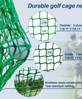 Close-up of 10x10x10 Ft Golf Practice Net Cage With Metal Frame Heavy Duty Hitting Net Kit showing green knotless mesh design.
