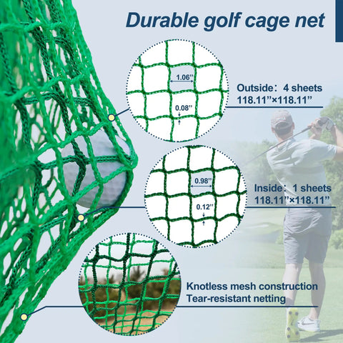 Close-up of 10x10x10 Ft Golf Practice Net Cage With Metal Frame Heavy Duty Hitting Net Kit showing green knotless mesh design.