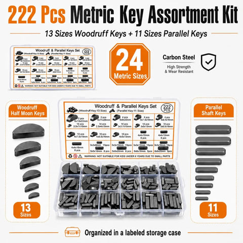 Badass 222 Pcs Metric Woodruff Half Moon Key Assortment Kit With Parallel Shaft Keys Carbon Steel Build For Garage Crew And Mechanic Shop Fixups Sweet Gear To Handle Heavy Machinery Repair Jobs Without Sweat. 24 metric sizes in storage case