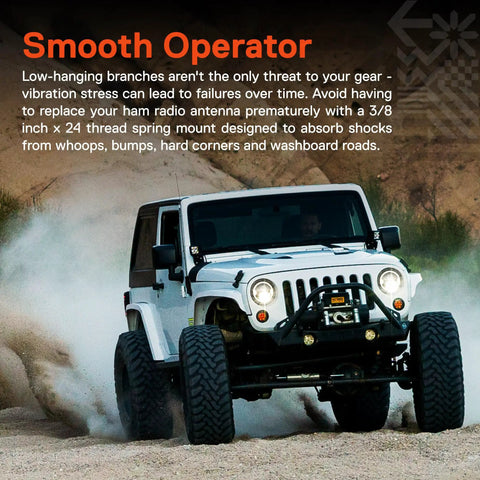Jeep in desert using Black 2-Piece Heavy-Duty Stainless Steel CB Radio Antenna Spring Mount for Offroad