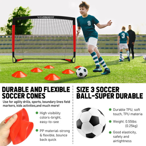 Kids playing soccer with 2 Pack 4x3 Feet Portable Kids Soccer Goals For Backyard Practice Pop Up Easy Setup Indoor And Outdoor Training Kit With Size 3 Soccer Ball Cones And Pump For Ages 3 To 12.