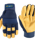 HydraHyde Water Resistant Leather Palm Work Gloves For Men With Flexible Spandex Back And Adjustable Closure Blue X Large Built Tough For Construction Landscaping DIY Projects, showing front and back view.