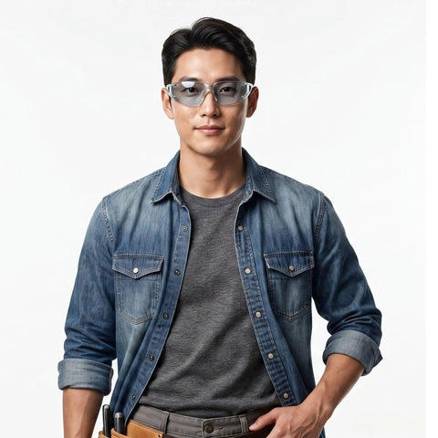 Heavy Duty Safety Glasses With Straight Up UV Block And Blue Cut For Any Desk Grind Or Backyard Hustle Comfortable Grip Design Gray Frames Clear Lenses Six Pack Built Different model wearing gray frames