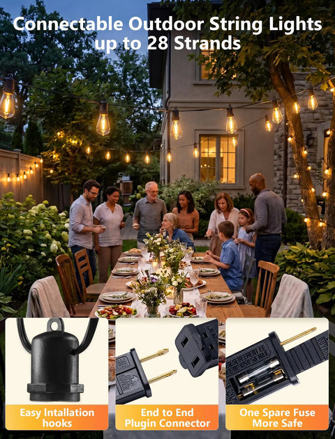 48Ft Outdoor String Lights With 16 LED Warm White Bulbs illuminating a backyard dining scene, featuring commercial-grade patio lighting.