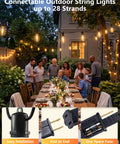 96ft Waterproof Outdoor String Lights With 32 Warm White LEDs, Dimmable, black wire, hanging over a garden dinner setup