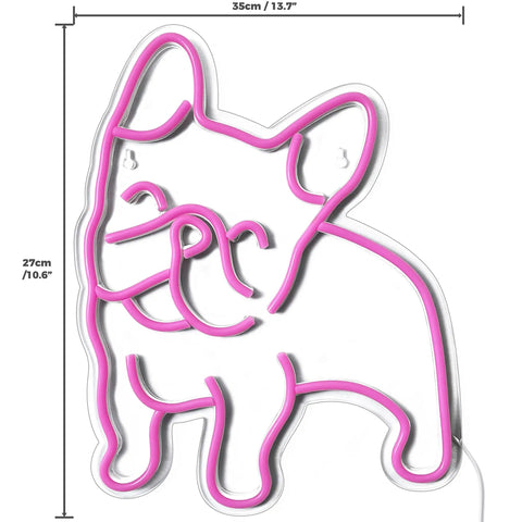 Pink LED Neon Dog Sign For Wall Decor So Cute French Bulldog Night Light USB powered glow, 13.7x10.6 inches, on white background