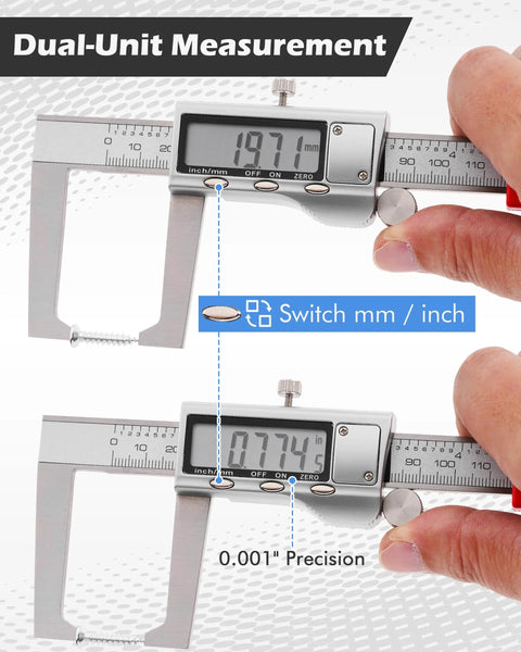 Digital Brake Rotor Gauge And Caliper For Disc Brake Thickness No Wheel Removal 6 Inch Stainless Vernier Rotor Micrometer showing dual-unit measurement