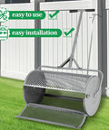 27 Inch Metal Roller Garden Spreader For Lawn And Topsoil With Adjustable Handle Built For Yard Work Durable Lightweight Fertilizer Spreader For Grass Seed And Fertilizer Gray, shown on grass with easy installation icons.