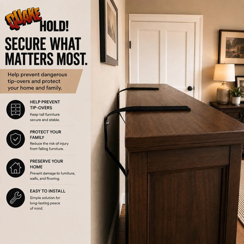 Heavy Duty Furniture Strap Kit With Antique Brown Nylon Webbing And Rugged Steel Brackets To Lock Down Hefty Dressers And Keep Things Square Against Wild Shifts For Pro Anti Tip Anchor Safety installed on a dresser to prevent tip-overs.