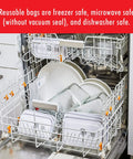 Dishwasher with Fresh And Save Vacuum Sealer Starter Set components, including reusable bags and large storage container.