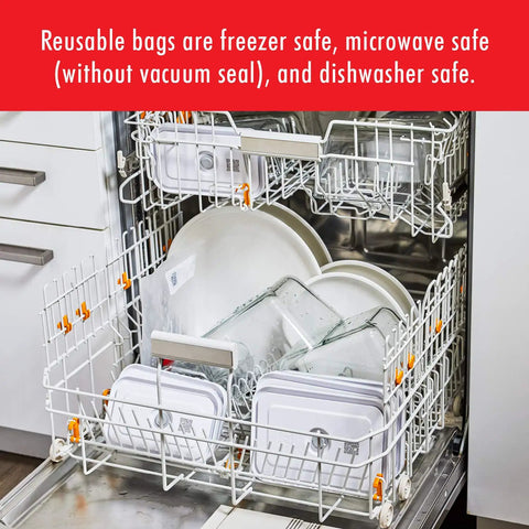 Dishwasher with Fresh And Save Vacuum Sealer Starter Set components, including reusable bags and large storage container.