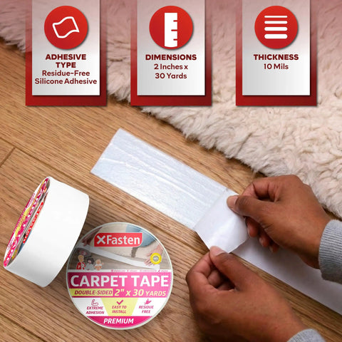 Heavy Duty Double Sided Rug Tape For Area Rugs And Hardwood Floors, 2 Inch By 30 Yards, being applied to secure carpet edges.