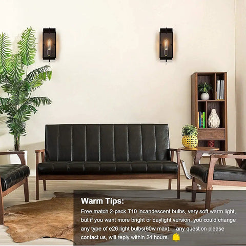 Set Of 2 Dope Industrial Wall Sconces Black Rustic Indoor Lanterns With Glass Shade Vintage Bronze Wall Light Fixture E26 Base Decor For Bedroom Living Room Hallway Bulbs Included mounted on wall above black leather sofa in living room.