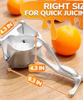 Hand Press Citrus Juicer For Lemons Limes Oranges Aluminum Alloy Ergonomic Handle Heavy Duty Manual Fruit Squeezer Easy Clean Portable Bar Tool size 4.3 in and 9.3 in on wooden surface.
