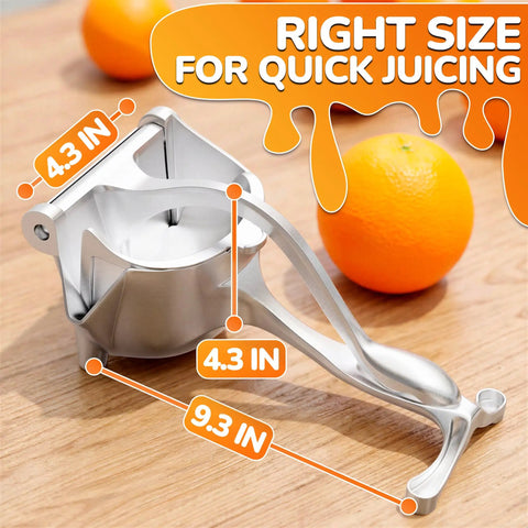 Hand Press Citrus Juicer For Lemons Limes Oranges Aluminum Alloy Ergonomic Handle Heavy Duty Manual Fruit Squeezer Easy Clean Portable Bar Tool size 4.3 in and 9.3 in on wooden surface.