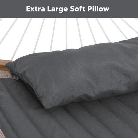 Extra large soft pillow on dark gray Double Portable Hammock With Stand For Two People, Curved Spreader Bar, Balance Ropes Included