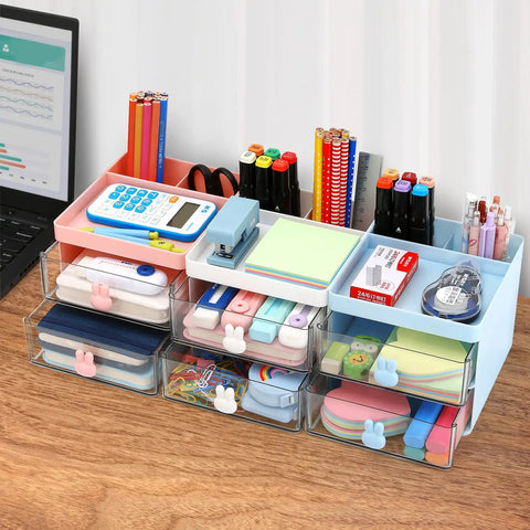 Compact Desk Organizer With Drawer And Divided Compartments For Pens Pencils Cards Phone Clips Markers Sticky Notes And Makeup Accessories Ideal Office School And Home White on desk