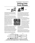 Installation instructions for sliding gate with illustrations of beefy nylon track wheels usage on chain link gate frames.
