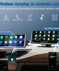Wireless CarPlay Dash Cam Tablet 10.26 Inch With 4K Front Cam And 1080P Rear View Backup Cam on car dashboard with display