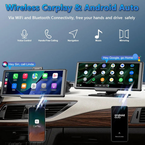 Wireless CarPlay Dash Cam Tablet 10.26 Inch With 4K Front Cam And 1080P Rear View Backup Cam on car dashboard with display