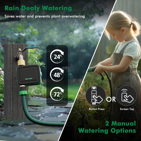Child using hose with Brass Inlet And Outlet Smart Sprinkler Hose Timer with Flow Meter Dope App Remote Control For Garden Hose And Bluetooth 2.4GHz WiFi Connection Automatic Drip Irrigation System For Lawn And Yard mounted nearby.