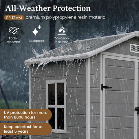 Spacious 6x4 Outdoor Storage Shed With Floor For Bikes Tools And Gear, resin plastic garden shed in rain showing durability.