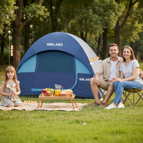 Family sitting outside Two Person Camping Tent With Quick Setup In Minutes Waterproof With Mesh Top And Ventilated Door Lightweight 4.4 Lb