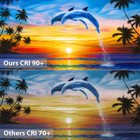 Comparison of dolphin paintings at sunset, top with CRI 90+ showing vibrant colors, bottom with CRI 70+ showing duller colors.