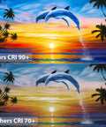 Comparison of dolphin painting with CRI 90+ and CRI 70+, showcasing vibrant colors of sunset over the ocean.