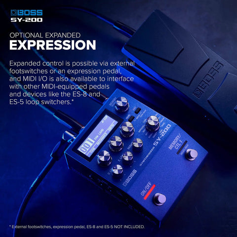 Close-up of blue Compact Polyphonic Guitar Synth Pedal With 128 Presets And 171 Rich Sounds Full MIDI I O for live stage use.