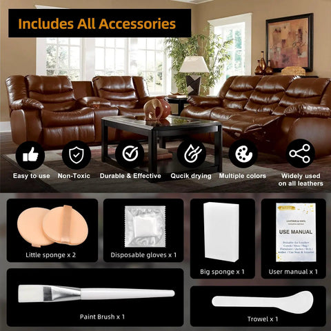 Heavy Duty Leather Recoloring Balm And Scratch Repair Kit For Couches With Straight Up Color Restorer and Furniture Dye Paste In Medium Brown, included accessories and setup.