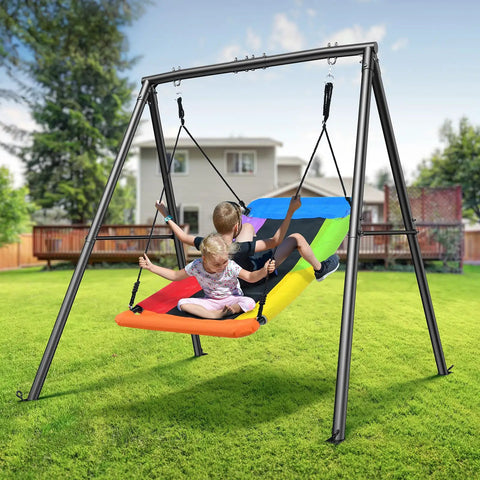 Heavy Duty Backyard Swing Set Built Tough With 440Lb Capacity, Sturdy A Frame Metal Stand, 60 Inch Platform Swing For Outdoor Play