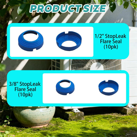 Blue SAE flare seal rings for 1/2in and 3/8in fittings, leak-free stop-leak kit, 10-pack each