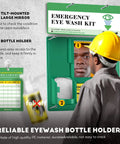 Upgraded Portable Eye Wash Station OSHA Approved Emergency Eye Wash Kit With Sturdier Bottle Holder And Bigger Mirror For Grab And Go Includes 2 Empty 16.9 Oz Eyewash Bottles No Solution White Cap, wall-mounted with mirror and holder, worker using it