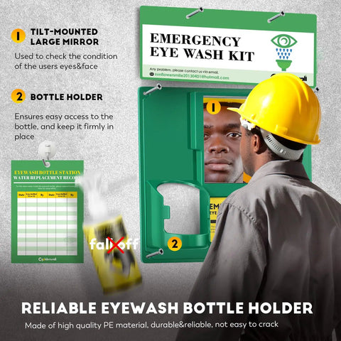 Upgraded Portable Eye Wash Station OSHA Approved Emergency Eye Wash Kit With Sturdier Bottle Holder And Bigger Mirror For Grab And Go Includes 2 Empty 16.9 Oz Eyewash Bottles No Solution White Cap, wall-mounted with mirror and holder, worker using it