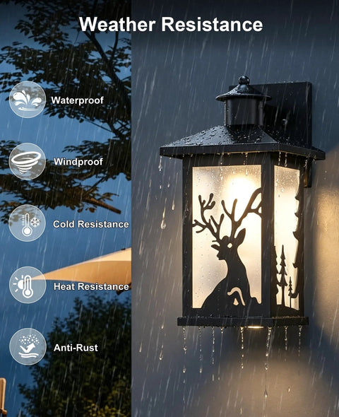 Two Pack Outdoor Wall Sconce Lights Waterproof Exterior Porch Fixtures With Rust Resistant Metal Housing Frosted Glass Deer Pattern